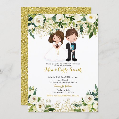 Sibling Boy and Girl White Floral First Communion Invitation
