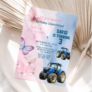 Sibling Butterfly and Tractor Joint Birthday Invitation