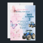 Sibling Butterfly and Tractor Joint Birthday Invitation<br><div class="desc">Sibling Birthday Invitation, 
Butterfly and Tractor Sibling Birthday Invitation,  
Can be used for the birthday of any age invitation</div>