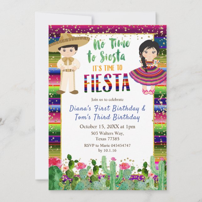 Sibling Cactus Fiesta Mexican birthday invitation (Front)
