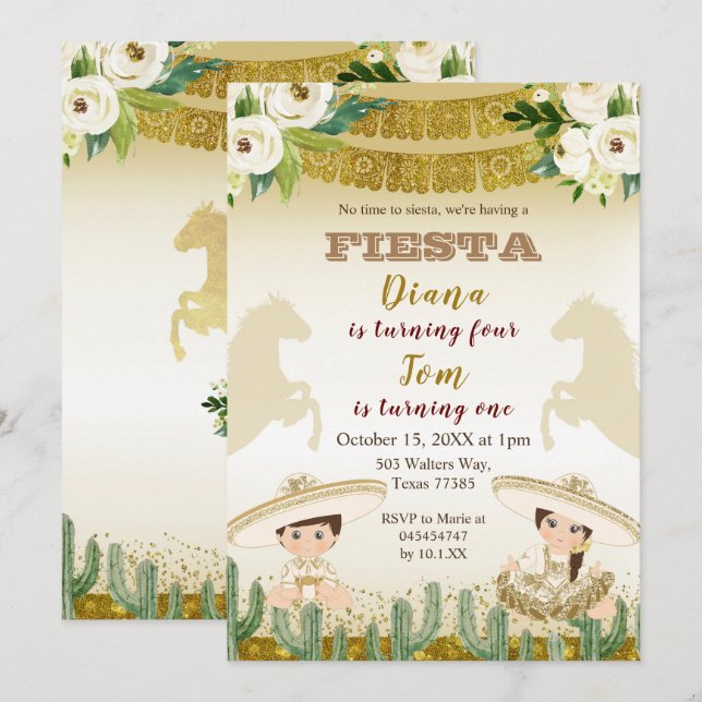 Sibling Cactus Fiesta Mexican birthday invitation (Front/Back)