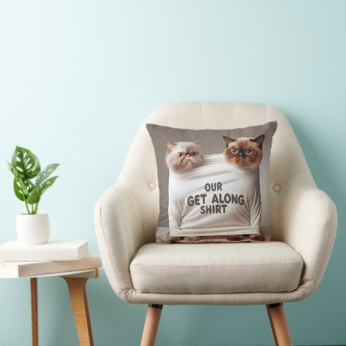 Sibling Cats Wearing Get Along Shirt Throw Pillow