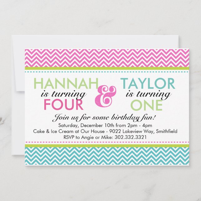 Sibling Chevron (Girls) Birthday Party Invitation (Front)