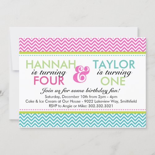 Sibling Chevron Girls Birthday Party Invitation