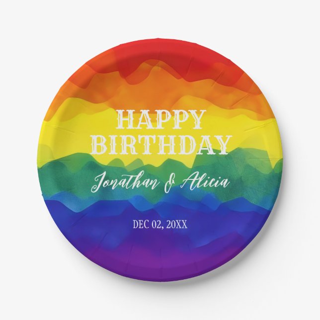 Sibling Colorful Rainbow Joint Birthday  Paper Plates (Front)