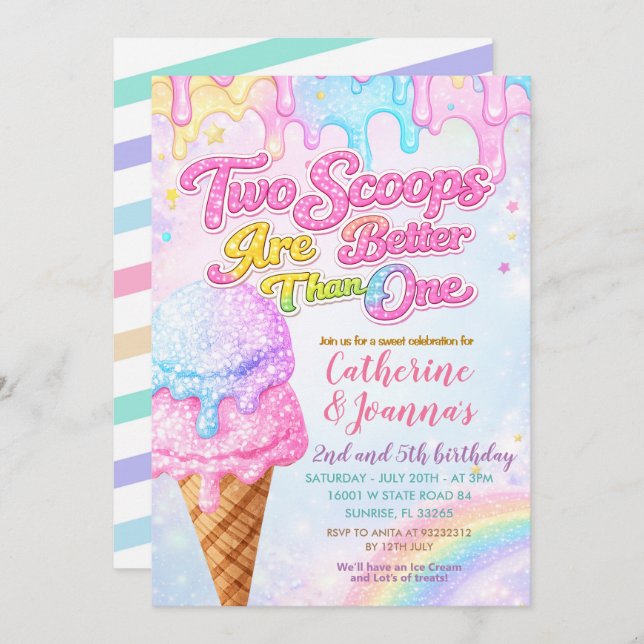 Sibling Double the Scoops Joint Birthday  Invitation (Front/Back)
