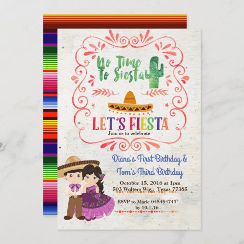 Sibling Fiesta Mexican birthday invitation