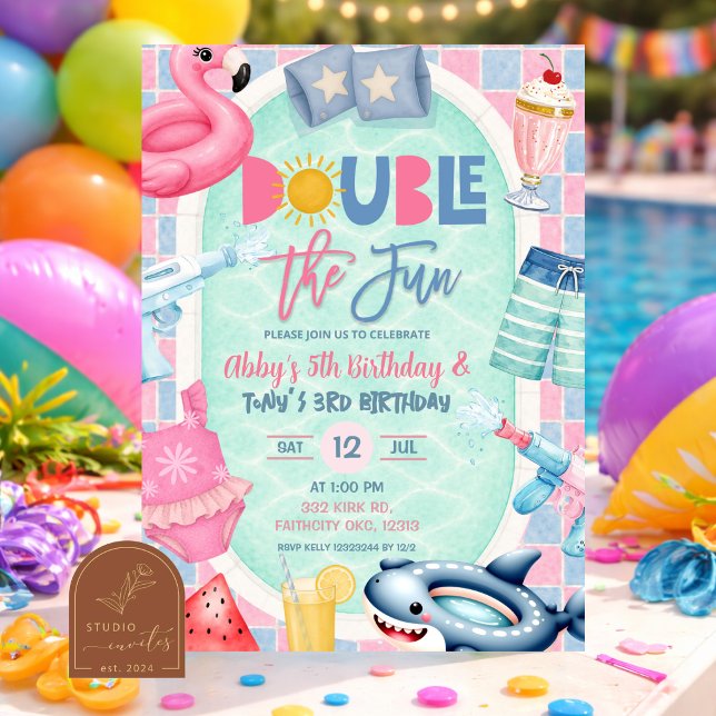 Sibling Joint Boy Pool party double the fun Invitation (Creator Uploaded)