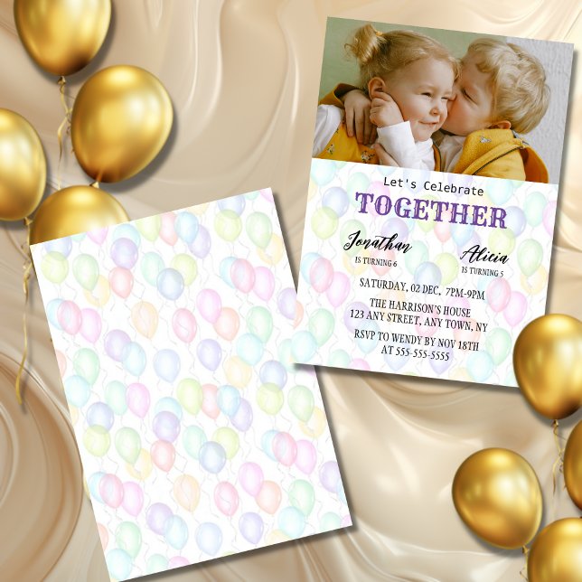 Sibling Photo Colorful Balloon Joint Birthday  Invitation (Creator Uploaded)