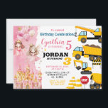 Sibling Princess and Construction Joint Birthday Invitation<br><div class="desc">Sibling Birthday Invitation, 
Sibling Princess and Construction Dump Truck Joint Birthday
Can be used for the birthday of any age invitation</div>