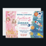 Sibling Princess and Outer Space Joint Birthday Invitation<br><div class="desc">Sibling Birthday Invitation, 
Sibling Princess and Outer Space Joint Birthday
Can be used for the birthday of any age invitation</div>