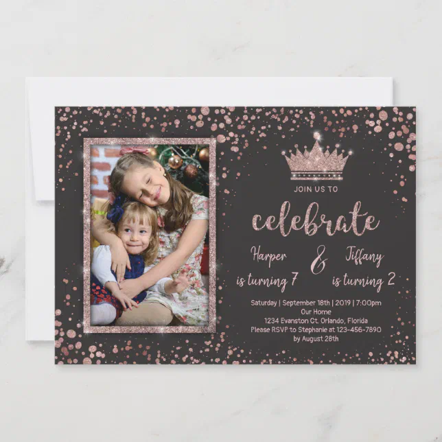 Sibling Sister PRINCESS Joint Glam Birthday Party Invitation | Zazzle