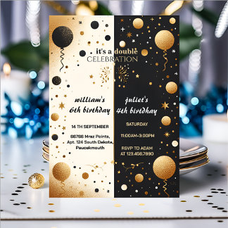 Sibling twin Black simple modern Joint Birthday Invitation