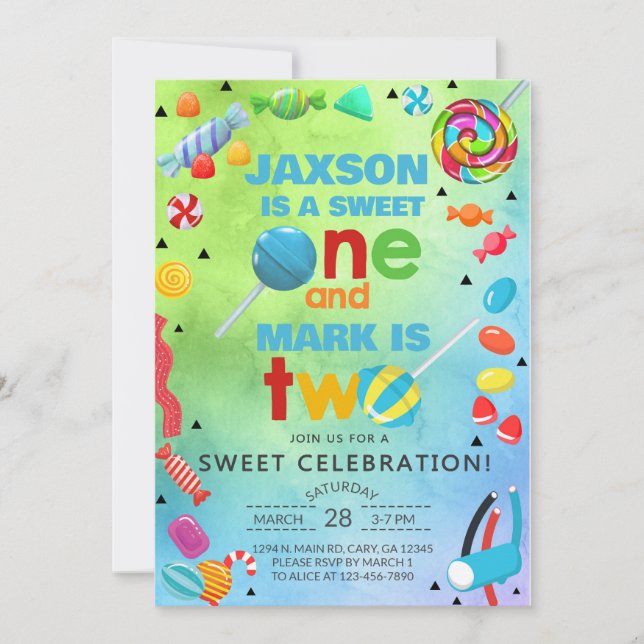Siblings candy sweet one sweet two boys invite. invitation (Front)