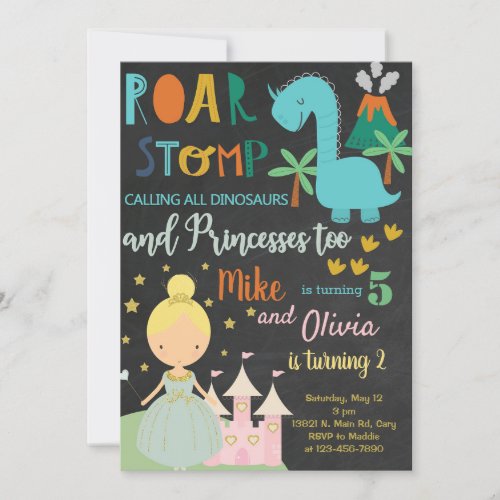 Siblings dinosaur and princess birthday Invitation