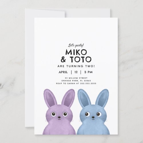 Siblings duo birthday party blue  purple bunnies invitation
