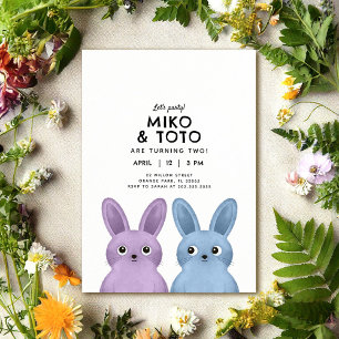 Siblings duo birthday party blue & purple bunnies invitation