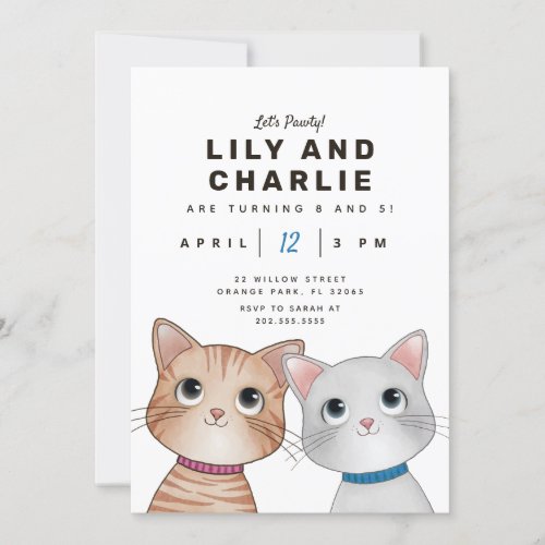 Siblings duo birthday party with two kittens  invi invitation