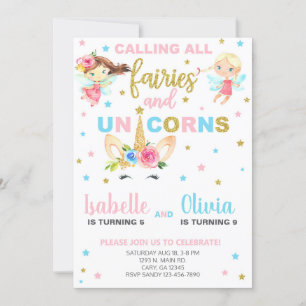 Siblings fairies and unicorn birthday invite. invitation
