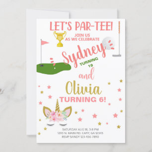 Siblings golfing and unicorn birthday invite. invitation
