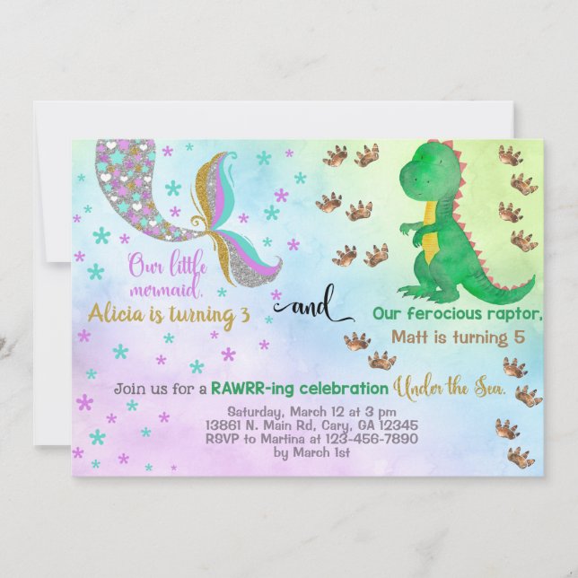 Siblings mermaid and dinosaur birthday invitation. invitation (Front)