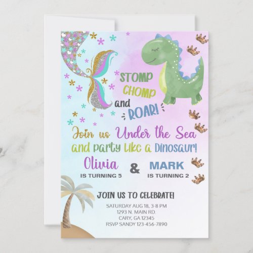 Siblings mermaid and dinosaur birthday invite invitation
