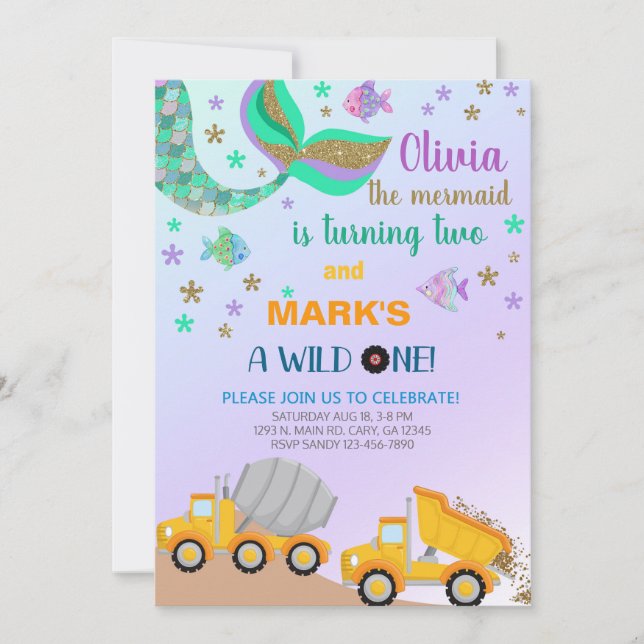Siblings mermaid and dump truck birthday invite. i invitation (Front)