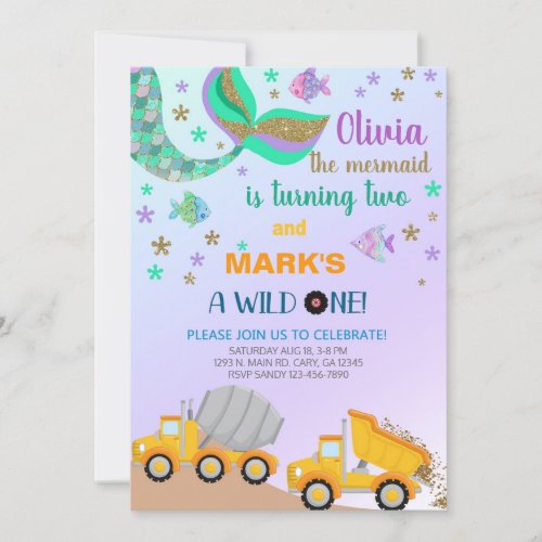 Siblings mermaid and dump truck birthday invite i invitation