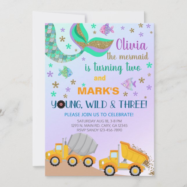 Siblings mermaid and dump truck birthday invite. i invitation (Front)
