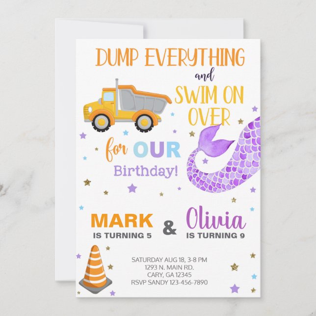 Siblings mermaid and dump truck birthday invite. i invitation (Front)