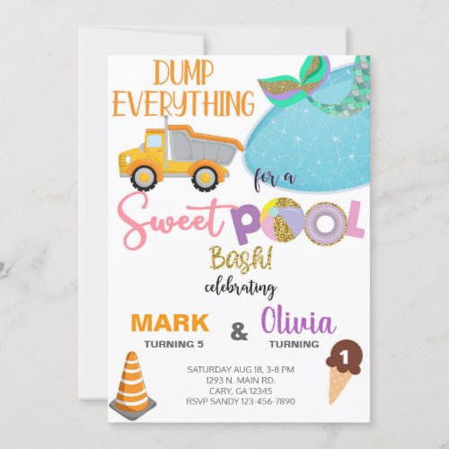 Siblings mermaid and dump truck birthday invite invitation