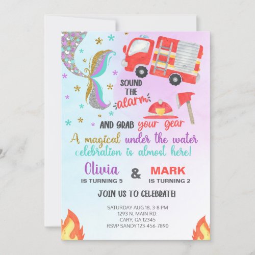 Siblings mermaid and firetruck birthday invite invitation