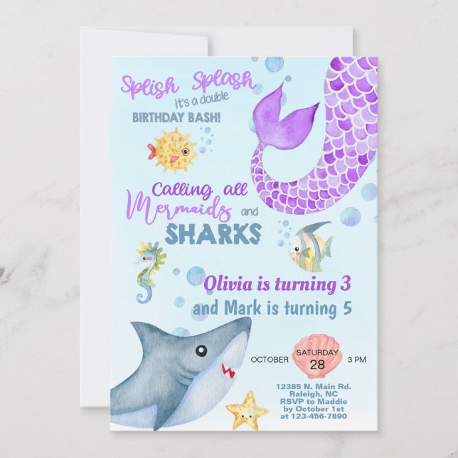 Siblings mermaid and shark birthday invite. invitation (Front)