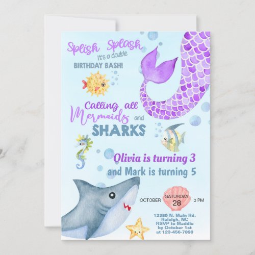 Siblings mermaid and shark birthday invite invitation