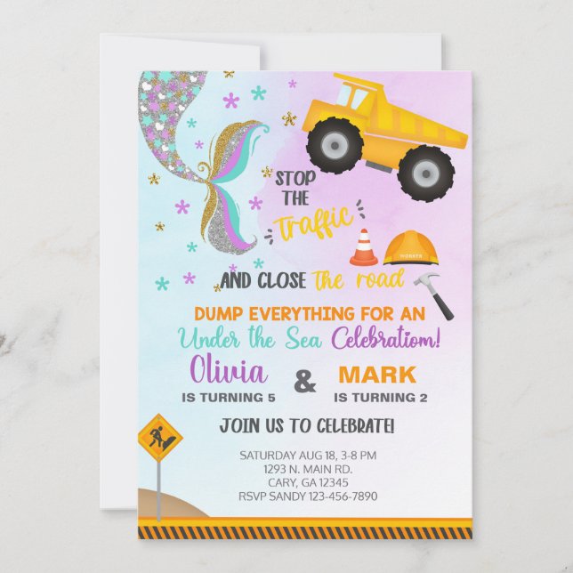 Siblings mermaid and truck birthday invite. invitation (Front)