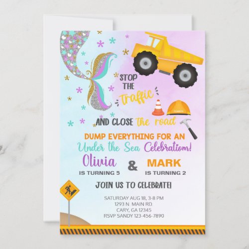 Siblings mermaid and truck birthday invite invitation