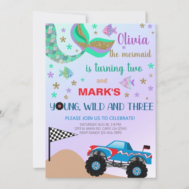 Siblings mermaid & monster truck birthday invite. invitation (Front)
