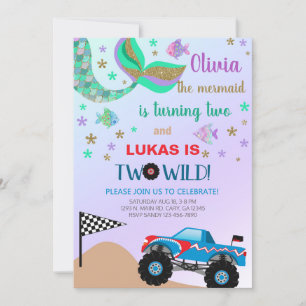Siblings mermaid & monster truck birthday invite. invitation