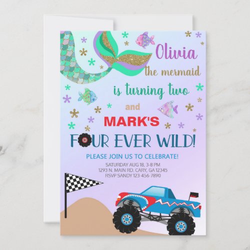 Siblings mermaid  monster truck birthday invite invitation