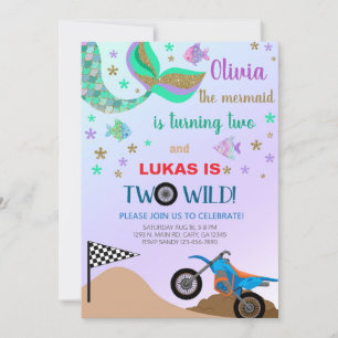 Siblings mermaid & motorbike birthday invite. invitation