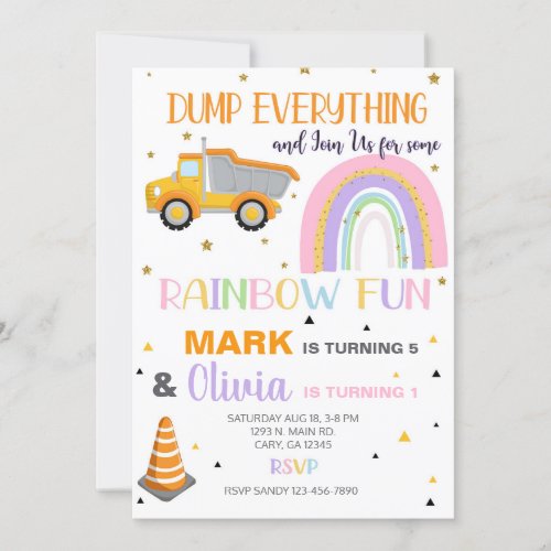 Siblings rainbow and dump truck birthday invite invitation