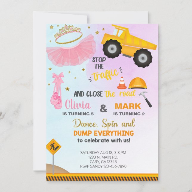 Siblings tutu and dump truck birthday invite. invitation (Front)