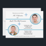 Siblings Two Brothers Photo Religious Invitation<br><div class="desc">A neutral, white, background with 2 focal point photo windows in blue. The crosses can be dragged to any location, made larger or smaller ( - ), or eliminated making this a perfect design for religious celebrations or for sibling or twin birthday party invitations. The card is easy to customize...</div>