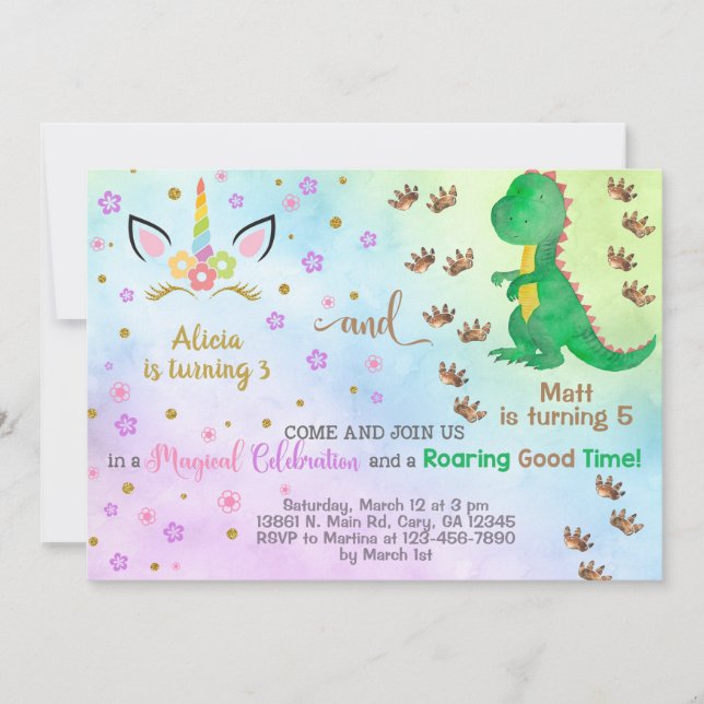 Siblings unicorn and dinosaur birthday invitation. invitation (Front)