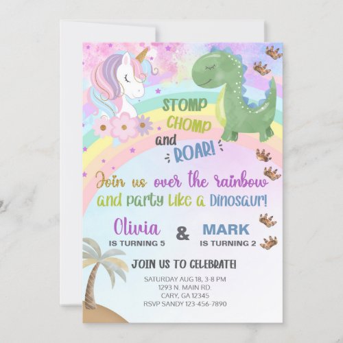 Siblings unicorn and dinosaur birthday invite invitation