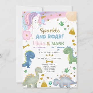 Siblings unicorn and dinosaur birthday invite. invitation