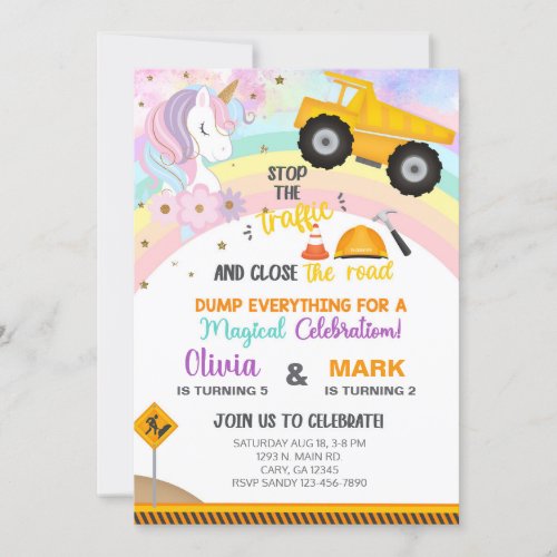 Siblings unicorn and dump truck birthday invite invitation