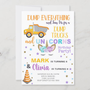 Siblings unicorn and dump truck birthday invite. invitation