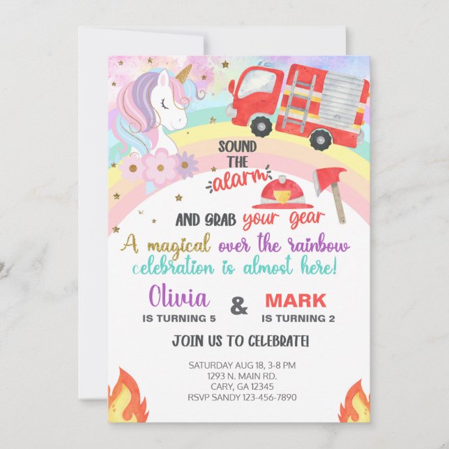 Siblings unicorn and firetruck birthday invite. invitation (Front)