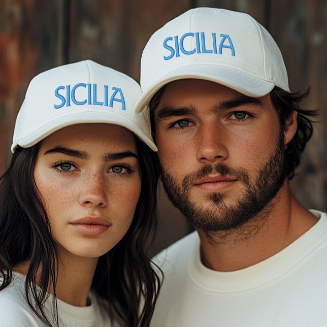 Sicilia (or Sicily) White Cap with Blue Embroidery (Sicilia or Sicily Blue Embroidery on white cap Sicilian heritage gift for him, gift for her)